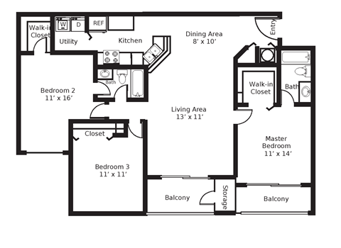 Floor plan for 3 beds, 2 baths, 1437 sqft